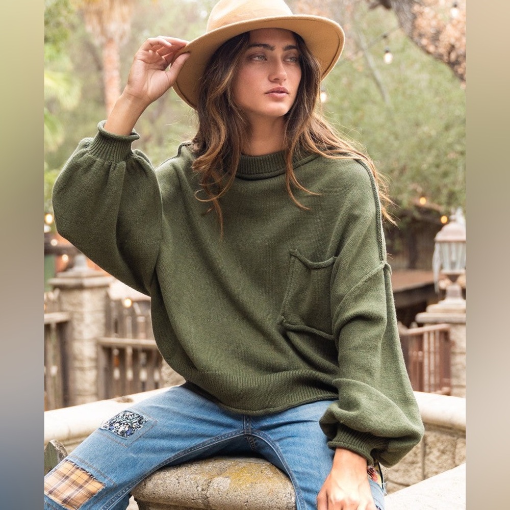 Olive Green Knit Sweater with Pocket POL SIZE small oversized 100% cotton - Picture 1 of 7
